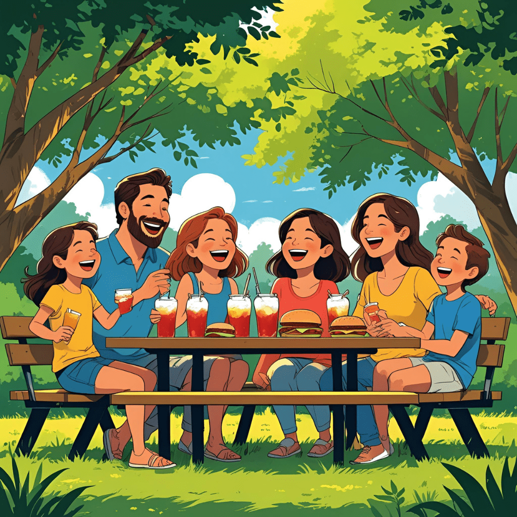 Família feliz num parque tomando refrigerantes e comendo hambúrguer - consumo