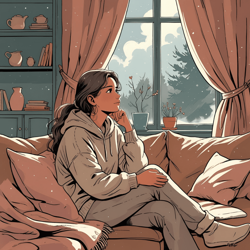 Dias nublados e introspecção: moça sentada no sofå em um dia frio e nublado